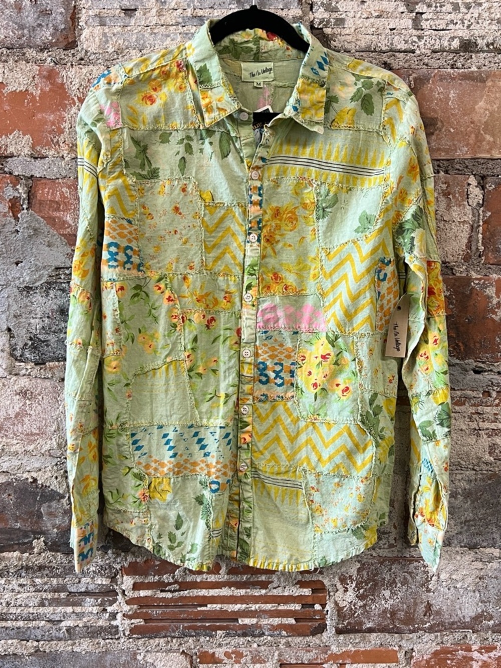 Nu Vintage Patchwork Floral Button-Up patchwork Shirt - Light Green/Yellow NWT